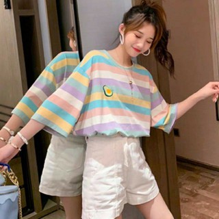 เสื้อทรงบอยเรนโบว์Oversize เเขนสั้น สไตล์เกาหลี