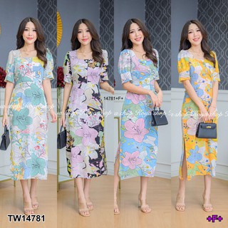PP14781 เดรสยาวคอเหลี่ยมแขนตุ๊กตาลายดอกไม้