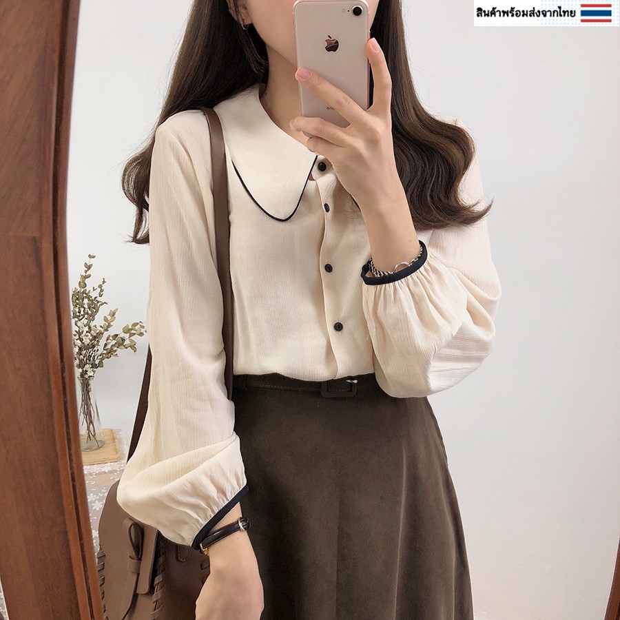 (พร้อมส่งจากไทย) เสื้อเชิ้ตสไตล์เกาหลี แขนยาวคอคอตุ๊กตา [E17]
