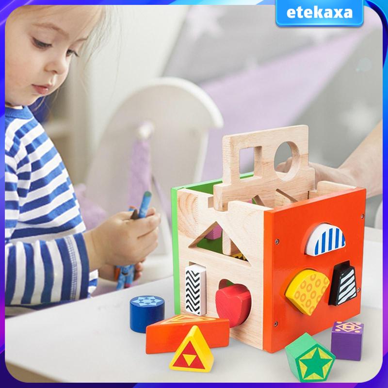 Wood Shape Sorting Box Building Blocks Geometry Learning Classic Toy