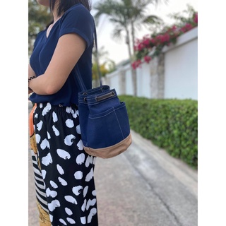 Mini Bucket Bag : Navy / Brown กระเป๋าผ้าทรงขนมจีบ มีช่องด้านหน้า Underlinebags