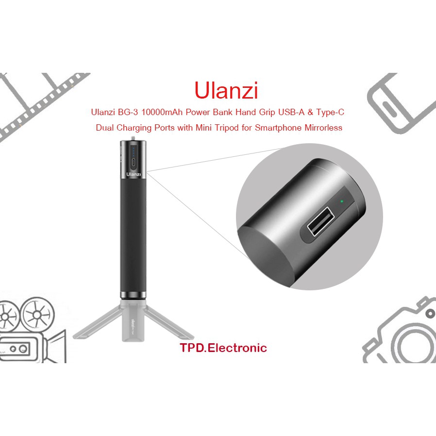 Ulanzi BG-3 10000mAh Power Bank Hand Grip USB-A &amp; Type-C Dual Charging Ports with Mini Tripod for Smartphone Mirrorless