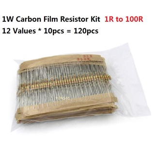 12 ค่า * 10PCS = 120PCS 1 โอห์ม 100 โอห์ม 1W 5% Carbom Fillm Resistor ชุดชุดสารพัน 1R to 100R Assortment pack