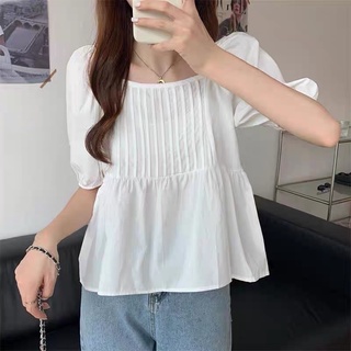 เสื้อสีพื้นแขนพองคอเหลี่ยมเย็บแต่งจีบ