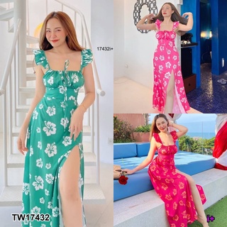 17432 Dress แม็กซี่เดรสรูดอก สานหลังพิมลายดอกไม้ Maxi dress, halter neck, weave back, floral print