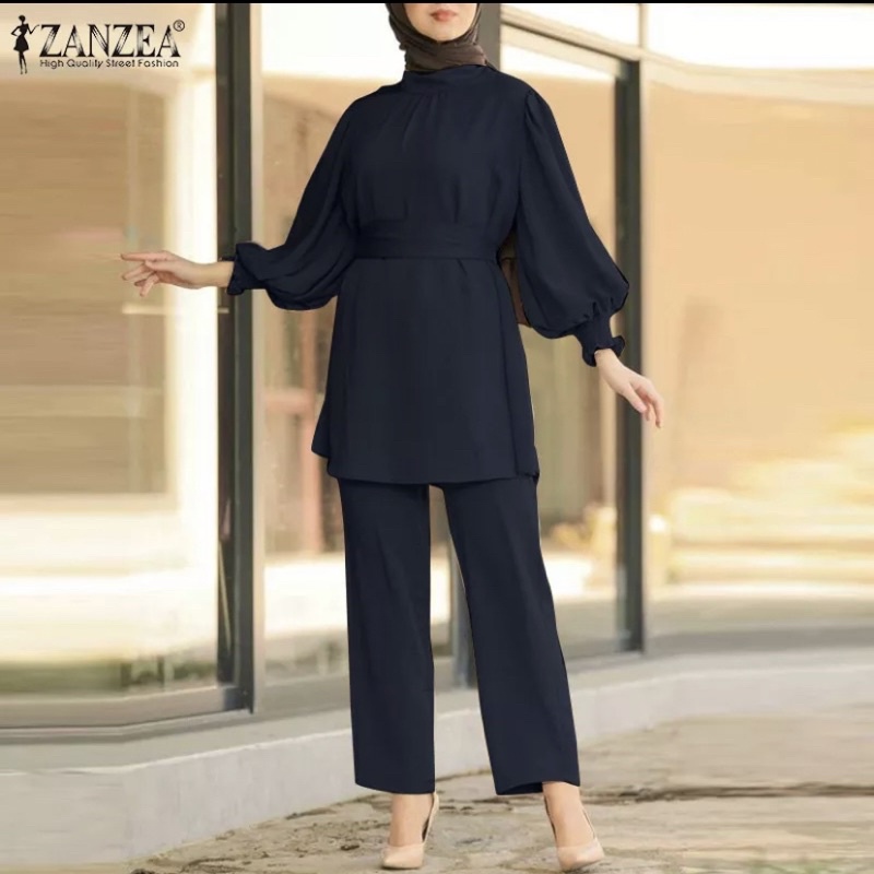 FpM zanzea เสื้อเชิ้ตแขนโคมไฟคอเต่าลําลองธรรมดาของผู้หญิงกางเกงขายาว 2 ชิ้น
