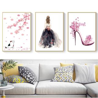 wall art รูปภาพแมวรองเท้าส้นสูงผ้าแคนวาสสีชมพูสําหรับตกแต่งห้องนอน