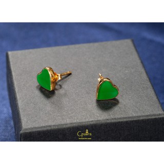 ต่างหูเงินแท้925 Green agate ทรงหัวใจ ตัวเรือนเคลือบด้วย โรสโกลด์ 8 mm.