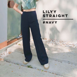 [พร้อมส่ง] Lilyy Straight #Navy กางเกงขายาวเอวสูงทรงตรง ขาปล่อย ผ้าญี่ปุ่นเนื้อดี