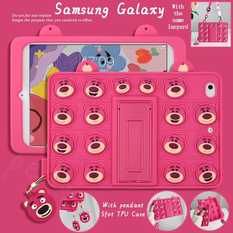 Pop it Samsung Galaxy Tab S6 lite 10.4 P610 P615C A7 T500 T505 8.7 2021 T220 T225 A 8.0 2019 T290 T295 A 10.1 T510 T515 A8 10.5 X200 X205 เปลือก Decompression Pinch Cute Cartoon Strawberry Bear Soft TPU Case เคสซิลิโคน เปลือกการ์ตูน มีเชือกคล้อง