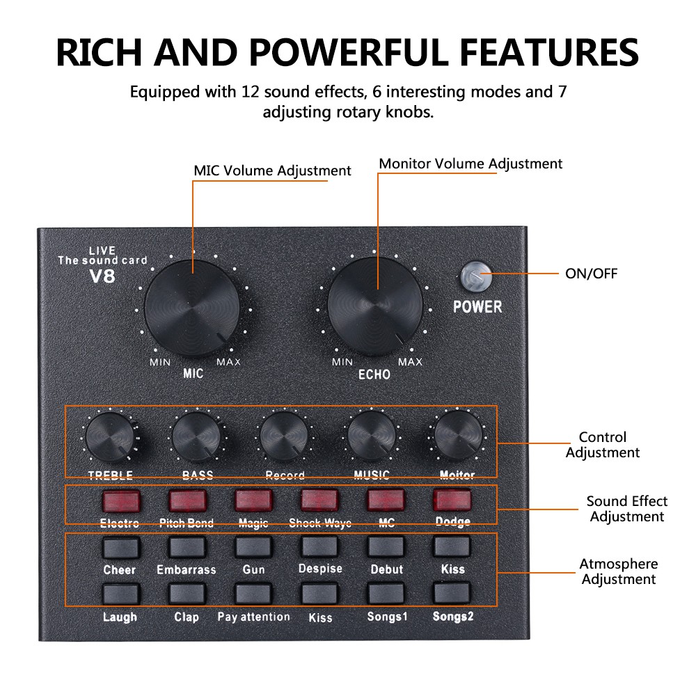 Live Sound Card Microphone Set Voice Changer Multifunctional USB Audio ...