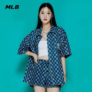 MLB (พร้อมส่ง) เสื้อเชิ้ตMLB DENIM MONOGRAM UNISEX OVERSIZED SHIRTS เสื้อเชิ้ตแขนสั้นNY ของแท้💯%