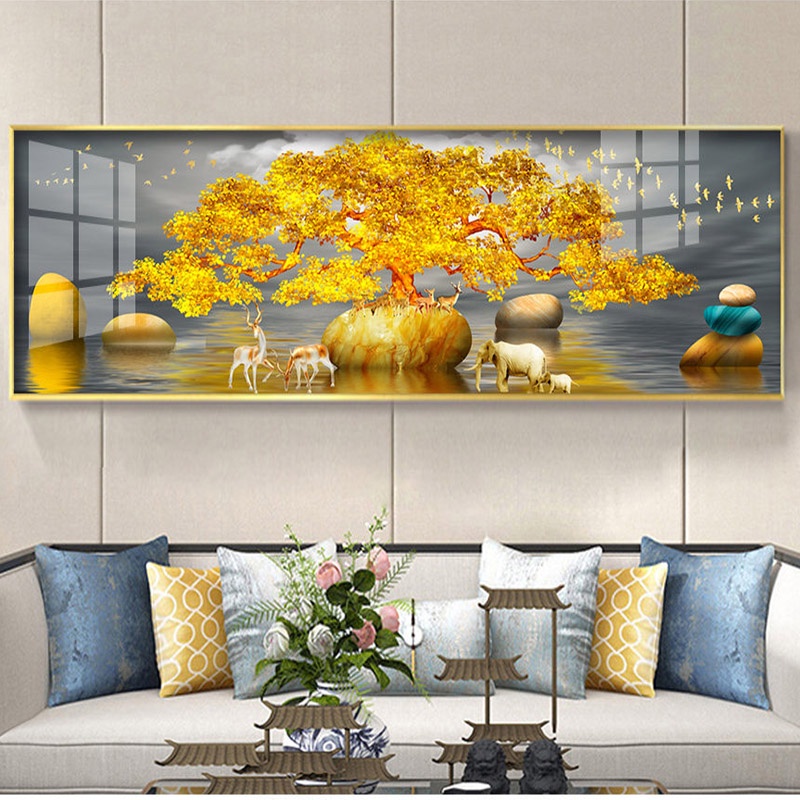 Moderne Elanden Fortuin Boom Golden Landschap โปสเตอร์ผ้าใบ พิมพ์ลาย En Voor Woonkamer สําหรับตกแต่งผนังบ้าน