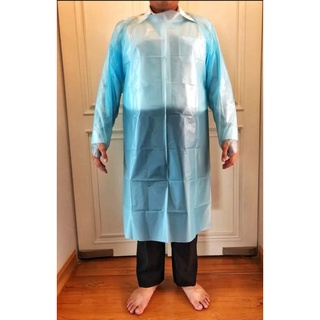 10ชุดต่อแพค เสื้อกาวน์พลาสติค (plastic gown)  CPE Isolation Gown แบบนิ้วโป้งสอด ป้องกันสารคัดหลั่ง