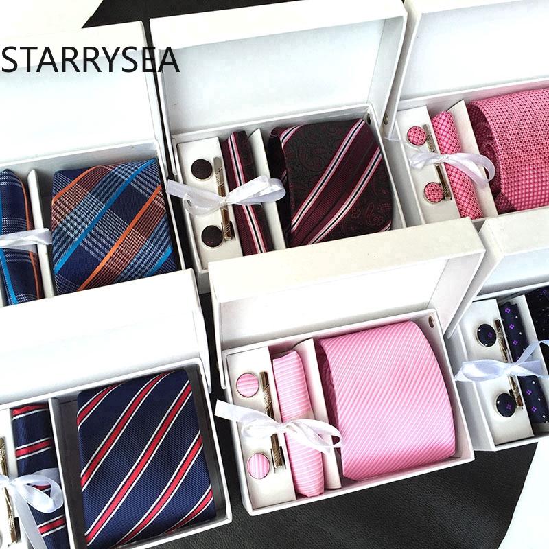 8cm Classic Men Ties for Man Gift Set Tie,Handkerchief,Cufflinks,Clips In 1 Box Christmas Boyfriend Fathers Day gift