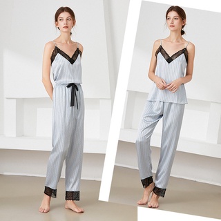 3 Pieces Ladies Sexy Silk Satin Pajamas Set Striped Sleepwear Lace Nightwear Top+shorts+pant.