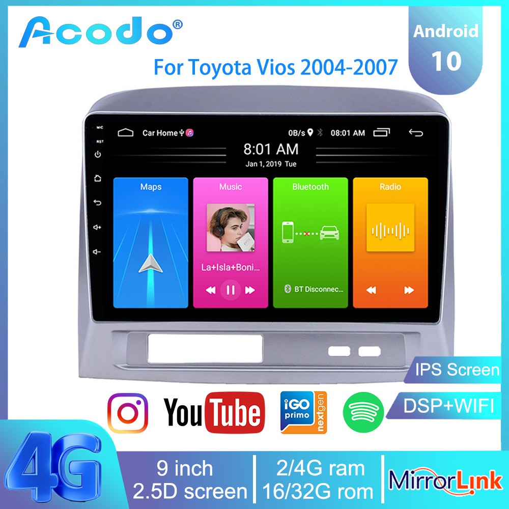 【ปลั๊กแอนด์เพลย์】Acodo เครื่องเล่นมัลติมีเดีย วิทยุรถยนต์ หน้าจอสัมผัส 10 นิ้ว 2G RAM 32G ROM Android 12.0 2.5D IPS สําหรับ Toyota Vios 2004-2007 Navigation 2 Din