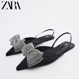 Zara รองเท้าแตะ ส้นแบน หัวแหลม ประดับโบว์ พลอยเทียม หรูหรา แฟชั่นฤดูร้อน สําหรับผู้หญิง 2022