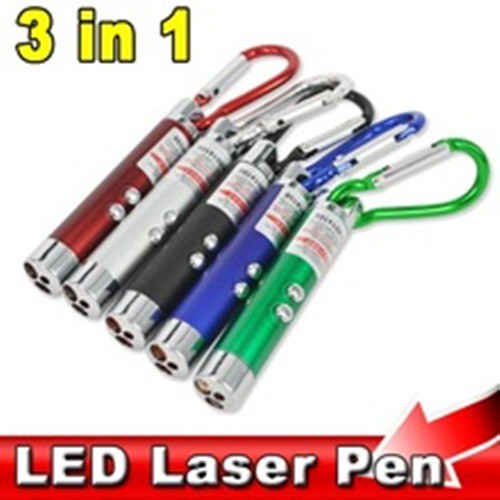 Laser LED 3in1 ปากกาเลเซอร์พอยเตอร์สีแดงเลเซอร์ 5mw UV คีย์คลิปไฟ led (คละสี)