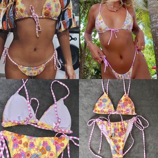 Blossom bikini ทูพีชลายดอกสีเหลืองดีเทลเชือกชมพูขาว