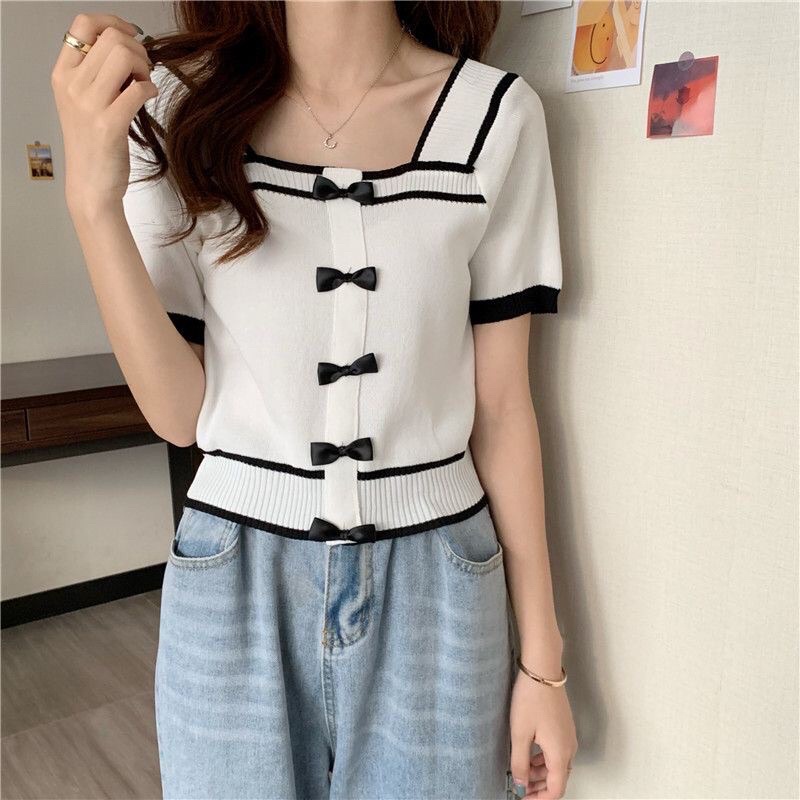 ttshop พร้อมส่ง เสื้อครอปไหมพรม ดีเทลติดโบว์น่ารักมาก (9155-1)