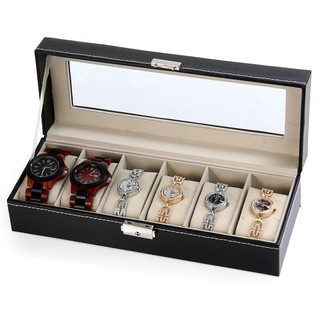 Watches Box - กล่องจัดเก็บนาฬิกา 6 เรือน หนัง PU เจาะช่องกระจก คุณภาพดี สวย คุ้มค่า