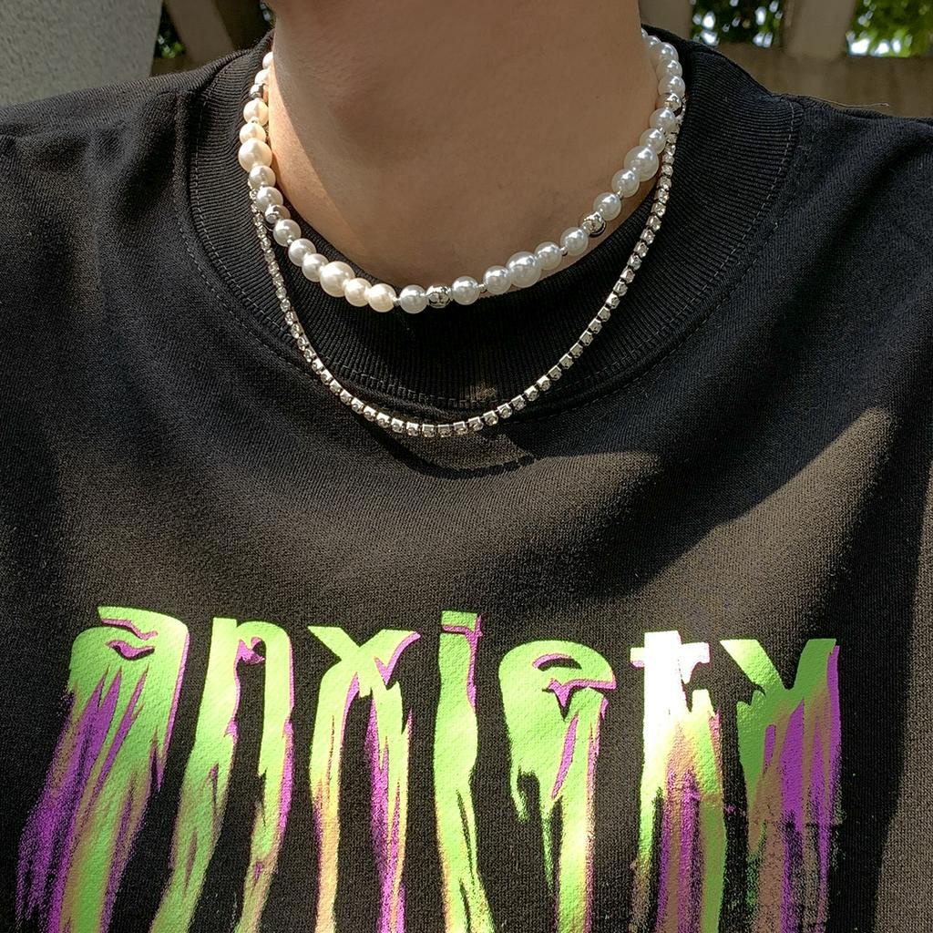 Mens Layered Choker ชุด 2 ชิ้น Pearl Rhinestone สร้อยคอของขวัญอินเทรนด์