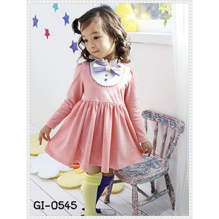 เดรสเด็กผู้หญิงสีชมพู แขนยาว ติดโบว์ที่คอ สีม่วงตัดขาว GI0545