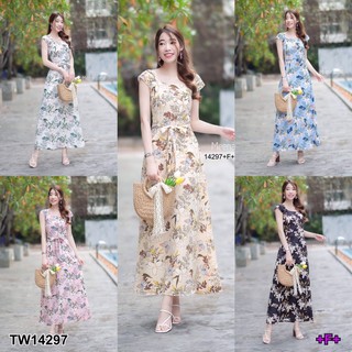 💓🌼เดรสเที่ยว Maxi Dress เดรสยาว คอเหลี่ยม แขนล้ำแต่งรูดย่นที่สายเสื้อ มีโบว์ผูกเอวปรับระดับได้ มีซิปซ่อนด้านหลัง
