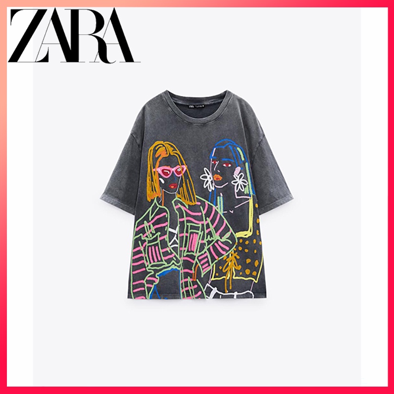 Zara เสื้อยืด แขนสั้น พิมพ์ลาย ทรงหลวม เข้ากับทุกการแต่งกาย แฟชั่นฤดูร้อน สําหรับผู้หญิง