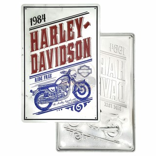 ป้ายสังกะสีวินเทจ 1984 Harley Davidson Ride Free (ปั๊มนูน), ขนาด 20x30 ซม.