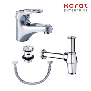 Karat Faucet ชุดเซ็ทก๊อกเดี่ยวอ่างล้างหน้าแบบก้านโยก สะดืออ่าง ท่อน้ำทิ้งและสายน้ำดียาว 16นิ้ว รุ่น KFA-029-610