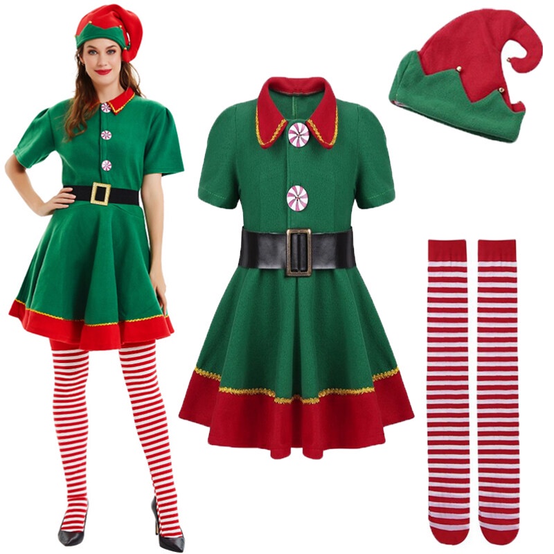 Women Girls Santa Claus Costume Green Elf Dresses Outfit Christmas Cosplay Uniform Dress With Hat Sock New Year Fancy Party Dress