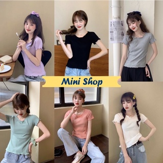 Mini Shop🌸พร้อมส่ง(83005)เสื้อไหมพรมแขนสั้น ดีเทลปลายหยัก