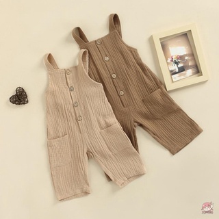 JOP-Children Solid Color Jumpsuit, Square Collar Sleeveless Button-down Suspender Rompers, Brown/ Khaki