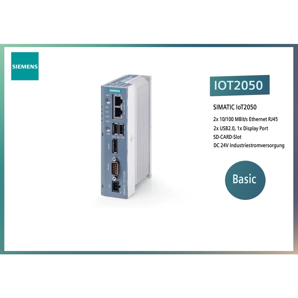 SIMATIC IOT2050, 2x Gbit Ethernet RJ45; Display port; 2x USB2.0, SD card slot, 24 V DC industrial po