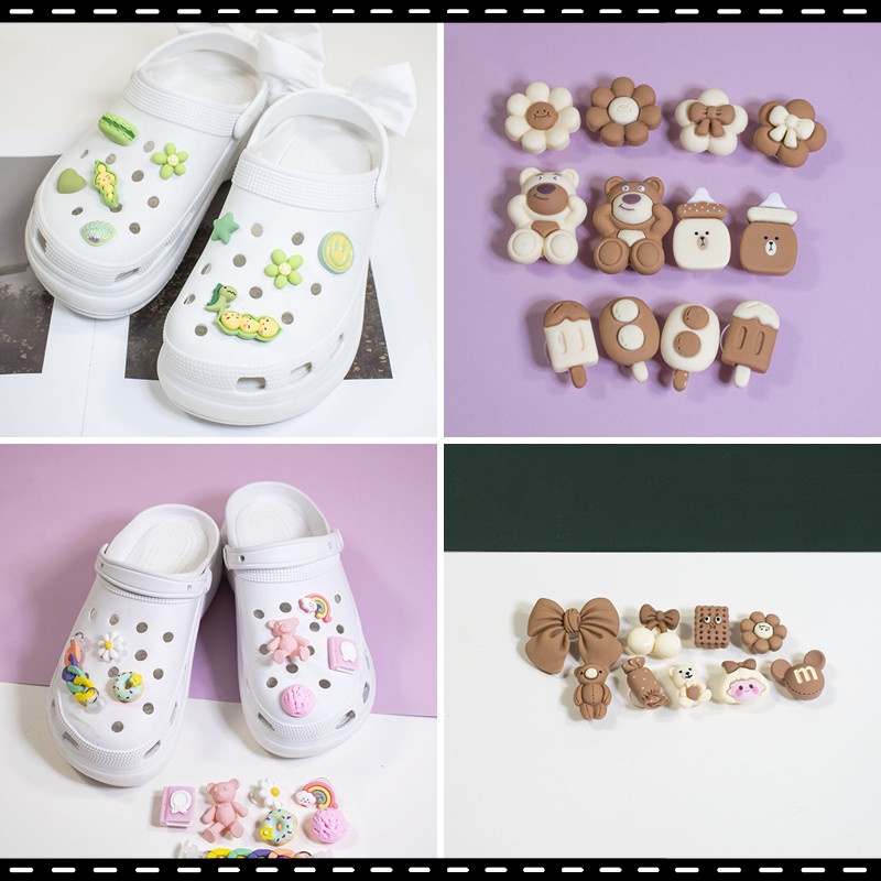 Jibbitz อุปกรณ์เสริม จี้รูปการ์ตูนหมี ดอกไม้น่ารัก สําหรับรองเท้า Crocs Jibbitz Bts