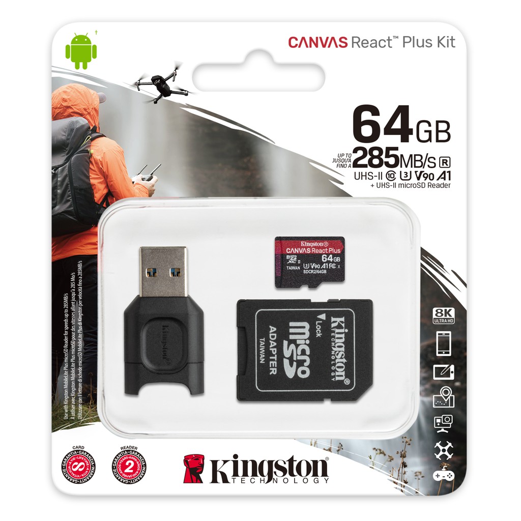 Kingston 64GB Canvas React Plus microSD Card 4K/8K ความเร็ว 285MB/s + SD Adaptor + Card Reader (MLPMR2/64GB)