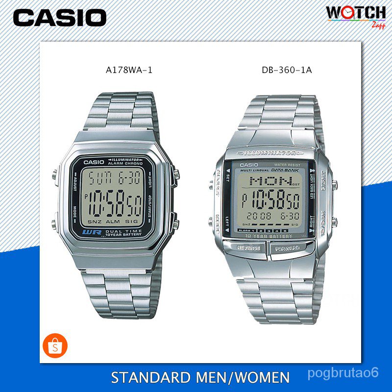 ใหม่นาฬิกา Casio นาฬิกาข้อมือ สีเงิน สายสแตนเลส รุ่น A178WA-1 และรุ่น DB-360-1A (Unisex)