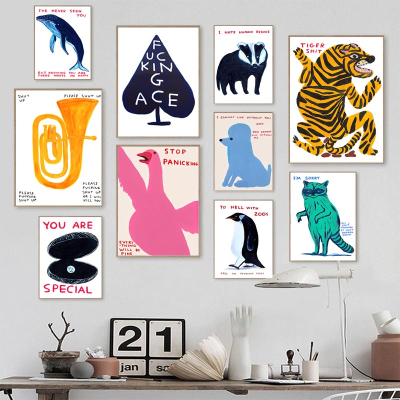 David Shrigley Killer Penguin Whale Shell Cat Wall Art ภาพวาดผ้าใบ Nordic โปสเตอร์การพิมพ์ภาพวาดผนังตกแต่งห้องนั่งเล่น