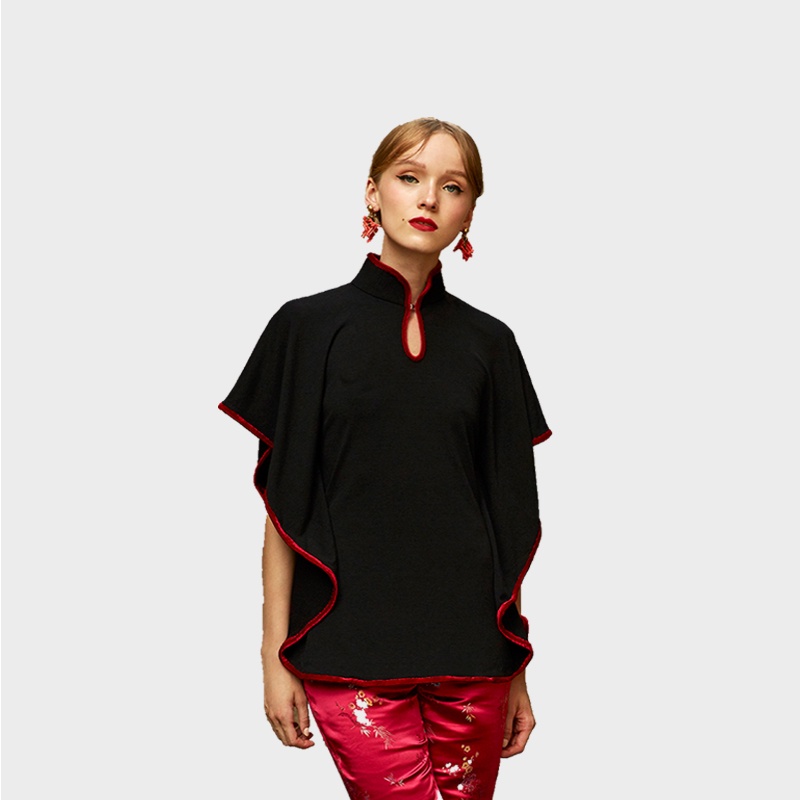 Susan Liao เสื้อคอจีนแขนผีเสื้อกุ้นกำมะหยี่ ITY