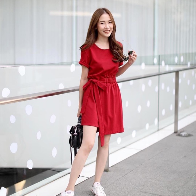 Red ribbon wrap dress