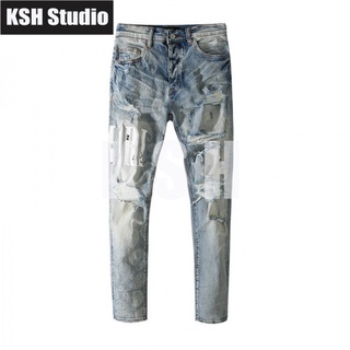 AMIRI Blue Cow Ripped Distressed Patch Letter Slim Fit Skinny Jeans for Men High Street