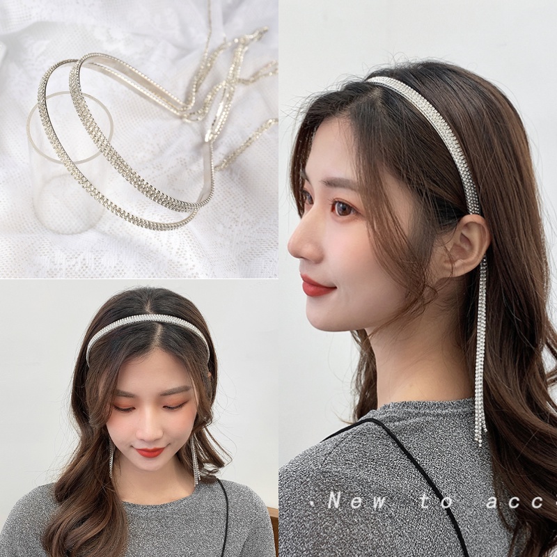 Silver Full Diamond Headband สําหรับผู้หญิง Multi-row Rhinestones Hairband เพชรโซ่พู่แถบคาดศีรษะ