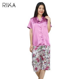 RIKA ชุดนอน FV3028หรือชุดใส่ออกข้างนอก ผ้าซาติน เนื้อนุ่ม (เสื้อ+กางเกงขา 4 ส่วน) ดีไซน์สวย แบบเรียบ ผู้ใหญ่ใส่ได้