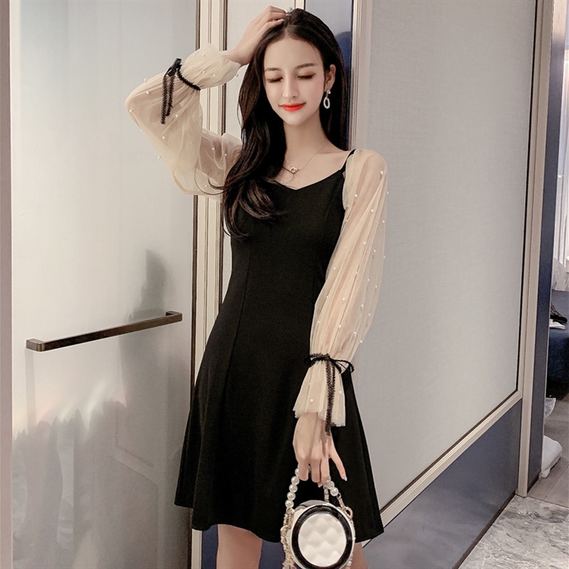 pantip dress ชุดเดรสสั้นประดับลูกปัดคอวีแฟชั่นสําหรับผู้หญิง
