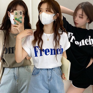 🔥พร้อมส่งไทย ราคาถูก🔥เสื้อยืดสกรีนลาย French 4 สี คอกลมแขนกุดแต่งแขนผับ