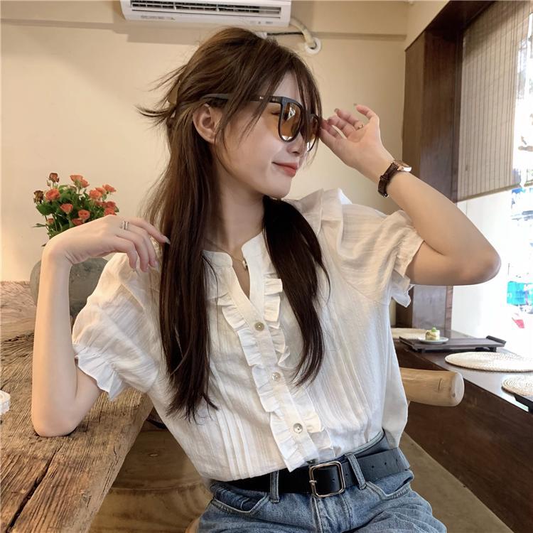 เสื้อเบลาส์ คอกลม แขนสั้น ผ้าฝ้าย ทรงหลวม สีขาว สไตล์ฝรั่งเศส สําหรับผู้หญิง
