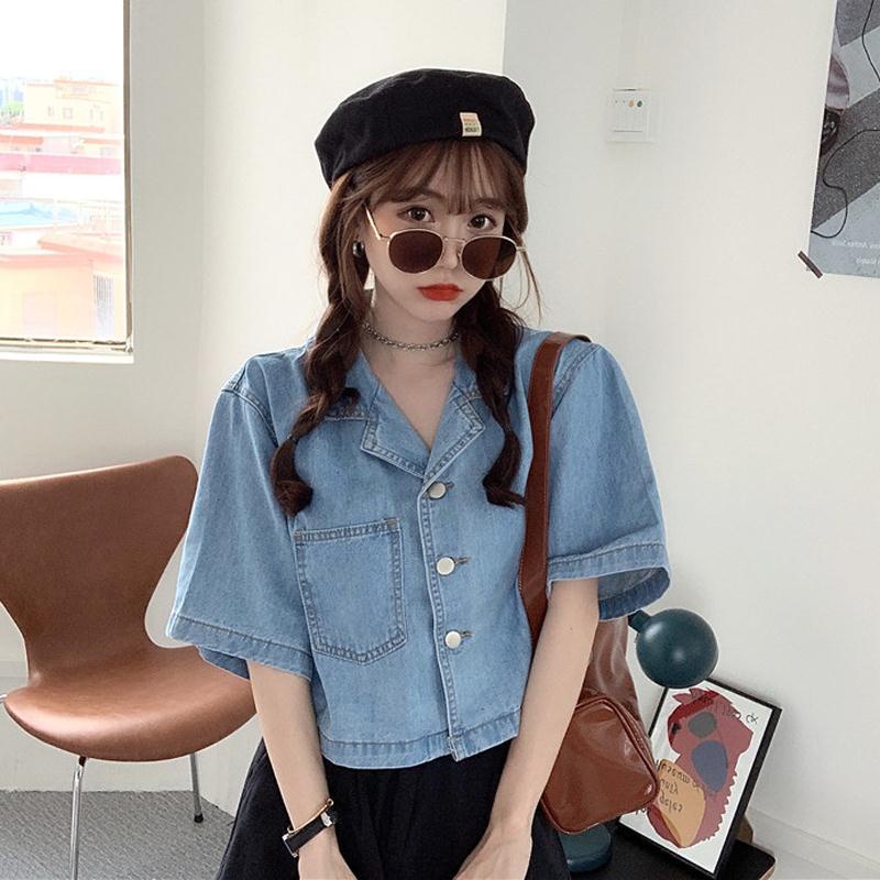 พร้อมส่ง เสื้อแจ็คเก็ตยีนส์สีน้ำเงิน คอปกสูทสั้น เสื้อเชิ้ตทรงหลวมสไตล์เกาหลี