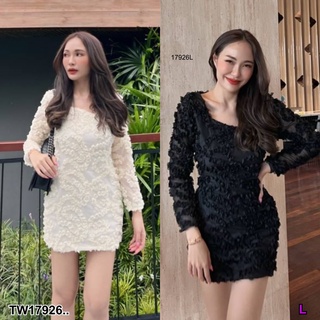 PP17926 เดรสสั้นแขนยาว ปักพองนูน ..